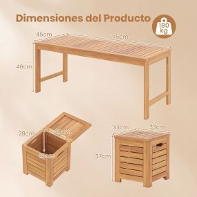 Conjunto de Banco de Jardín de Acacia Exterior con 3 Cajas de Almacenamiento y Caja de Almacenamiento con Asiento