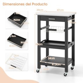 Conjunto de Carro de Cocina Rodante con Encimera de Acero Inoxidable y Estante Organizador de 3 Niveles para Encimera