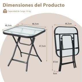 Mesa bistró plegable 46,5 cm cristal templado 50 kg y 2 sillas plegables portátiles gris