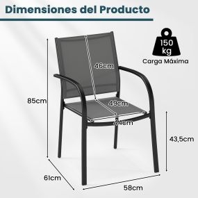 Set de 2 sillas de patio apilables con asiento transpirable y mesa plegable con tablero de vidrio templado 59 cm para jardín