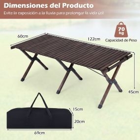 Conjunto de Mesa de Camping de Madera y Mesa de Camping de Aluminio Plegables con Bolsas de Transporte para 4-6 Personas