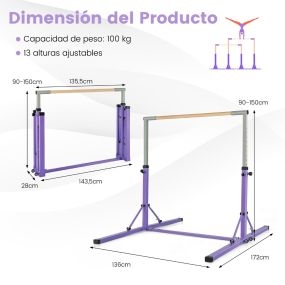 Conjunto de Barra de Gimnasia Plegable Ajustable en 13 Alturas y Colchoneta de Gimnasia Plegable de 4 Paneles