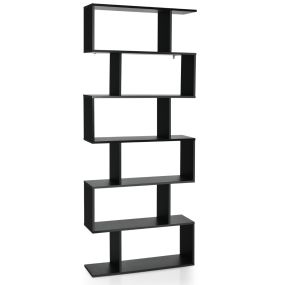 Librería de 6 Niveles Forma de S Estante de Libros de Madera Dispositivo Antivuelco Estantería para Estudio Salón Negro 80 x 23 x 191 cm