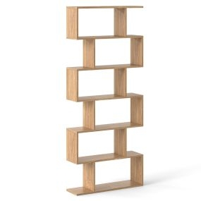 Librería de 6 niveles en forma de S de madera natural con antivuelco 80 x 23 x 191 cm