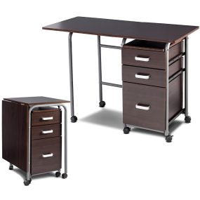 Escritorio Plegable para Ordenador con 3 Cajones de Almacenamiento y Ruedas Bloqueables 105 x 50 x 74 cm Marrón