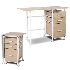 Escritorio Plegable para Ordenador con 3 Cajones de Almacenamiento y Ruedas Bloqueables 105 x 50 x 74 cm Natural