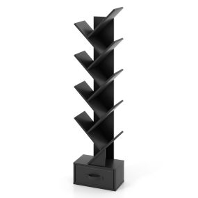 Estantería en Forma de Árbol de 10 Estantes con Cajón Estante de Suelo para Cds Libros Estante de Exhibición 38 x 21,5 x 149,5 cm Negro