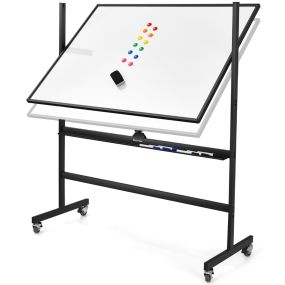Pizarra blanca magnética reversible de doble cara 90 x 120 cm, móvil, giratoria y regulable