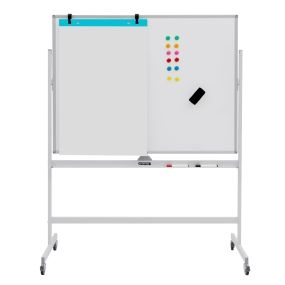 Pizarra blanca magnética de borrado en seco doble cara con altura ajustable y ruedas bloqueables 120 x 90 cm