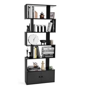 Librería en Forma de S 6 Niveles con Puertas Diseño Moderno y Versátil para Organizar y Decorar Sala Dormitorio u Oficina Negro