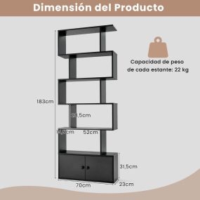 Estantería en Forma de S de 6 Niveles con Armario Estantes Decorativos para Salón Oficina 70 x 23 x 183 cm Negro