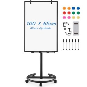 Pizarra Blanca Magnética Ajustable en Altura y con Ruedas con Clips de Papel y Bandeja 65 x 60 x 132-192 cm Negro