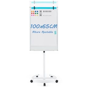 Pizarra blanca magnética ajustable en altura con ruedas, clips de papel y bandeja 65 x 60 x 132-192 cm blanco