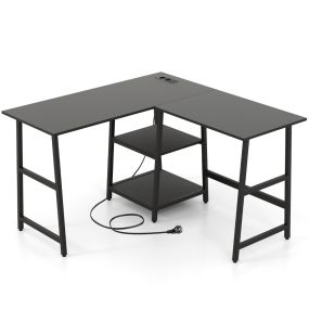 Escritorio esquinero en L de 120 cm con tomas de corriente, puertos USB y estantes negro