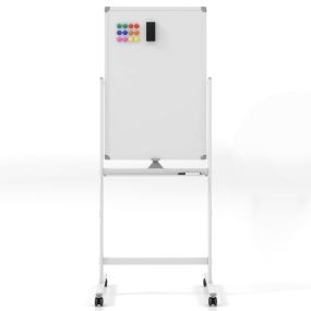 Pizarra móvil magnética doble cara 60x90 cm con soporte y ruedas, altura ajustable 151-178 cm, blanca