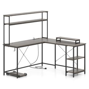 Escritorio de computadora en forma de L convertible con estantes ajustables y soporte para CPU gris