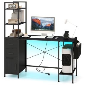 Escritorio de oficina negro con luces LED, tomas de corriente, soporte para CPU y bolsillo de tela
