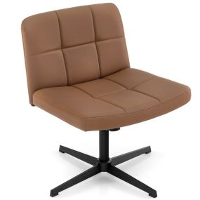 Silla de oficina tapizada en cuero PU marrón, patas cruzadas, asiento en U, altura ajustable, sin brazos ni ruedas