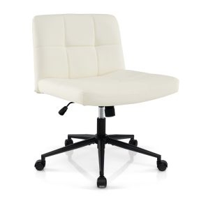 Silla de oficina tapizada en cuero PU con ruedas, patas cruzadas, asiento grande y altura ajustable beige