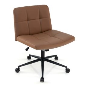 Silla de oficina tapizada en cuero PU con ruedas, patas cruzadas y altura ajustable, marrón