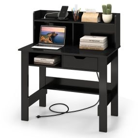 Escritorio de computadora negro con tomas de corriente, puertos USB y Tipo-C, estantes y cajón