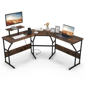 Escritorio en L con enchufe y soporte para monitor, estación de trabajo para 2 personas, 225 cm, marrón
