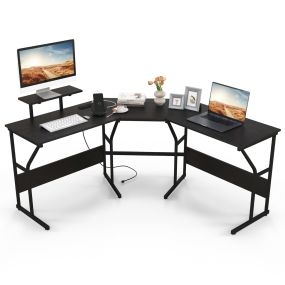 Escritorio en L con enchufe y soporte para monitor, estación de trabajo para 2 personas, 225 cm, negro