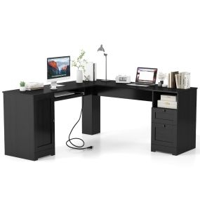 Escritorio en L negro con 2 cajones, estante ajustable y bandeja para teclado