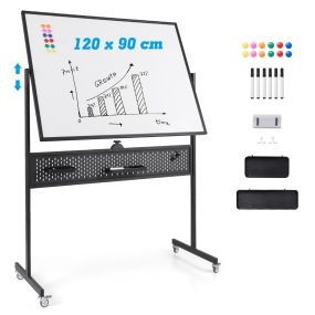 Pizarra Móvil 120 x 90 cm de Doble Cara para Borrado en Seco con Soporte Panel Perforado y Accesorios-Negro
