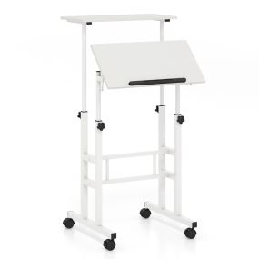 Escritorio de pie con ruedas altura ajustable encimera dividida y ángulo ajustable 60 x 30 x 72-124 cm blanco