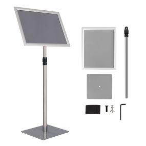 Soporte para carteles A3 de metal plata con altura ajustable para pavimento y presentación