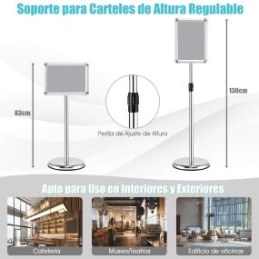 Juego de 2 soportes de pie A4 de metal para carteles y menús, altura ajustable, giratorio, plata