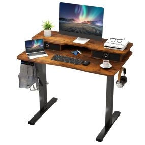 Escritorio eléctrico de pie 100 x 60 cm con 2 cajones y soporte para monitor marrón