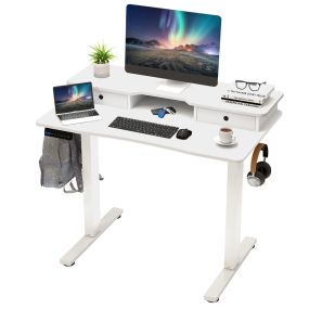 Escritorio eléctrico de pie 100 x 60 cm con 2 cajones y soporte para monitor blanco