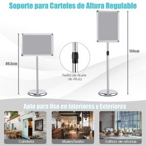 Juego de 2 soportes de pie A3 de metal para carteles y menús, altura ajustable, giratorio, plata