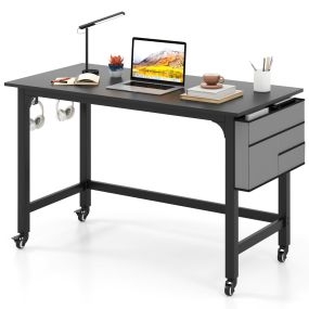 Escritorio de computadora con ruedas, mesa de oficina móvil con bolsa y ganchos, marco de metal negro