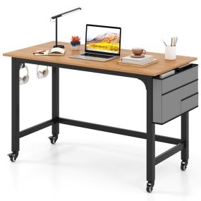 Escritorio de computadora con ruedas, mesa de oficina móvil con bolsa y ganchos, marco de metal natural