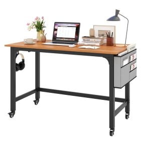 Escritorio de computadora con ruedas, mesa de oficina móvil con bolsa y ganchos, marco de metal marrón