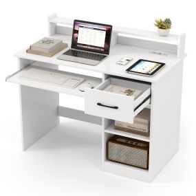 Escritorio de ordenador con tomas de corriente, bandeja para teclado, cajón y estante, blanco 105 x 55 x 89 cm