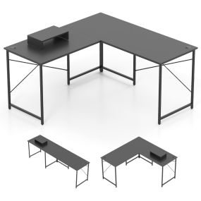 Escritorio en L 150 cm reversible con soporte para monitor y gestión de cables gris
