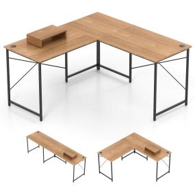Escritorio en L 150 cm reversible con soporte para monitor y gestión de cables natural