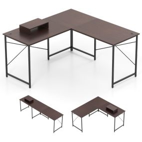 Escritorio en L 150 cm reversible con soporte para monitor y gestión de cables marrón