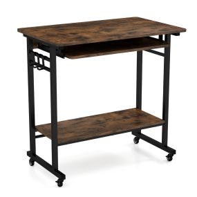Mesa Escritorio con Ruedas con Bandeja para Teclado Extraíble Mesa de Ordenador con 3 Ganchos y Estante Inferior 80 x 50 x 78 cm Marrón