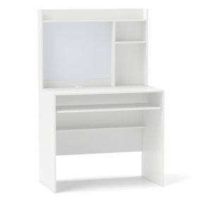 Escritorio para computadora blanco con tablero magnético, estante y bandeja para teclado