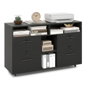 Archivador con cerradura, organizador lateral móvil, 4 cajones, estante ajustable, 104 x 35 x 65,5 cm, negro