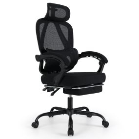 Silla de oficina ergonómica con respaldo alto de malla y reposapiés retráctil, reclinable 135°