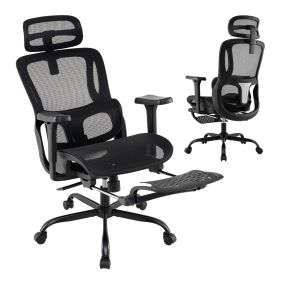 Silla de oficina ergonómica con respaldo giratorio, soporte lumbar, reposabrazos 3D y reposapiés retráctil