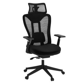 Silla de oficina de malla con respaldo ajustable, cojín lumbar y reposacabezas, negro