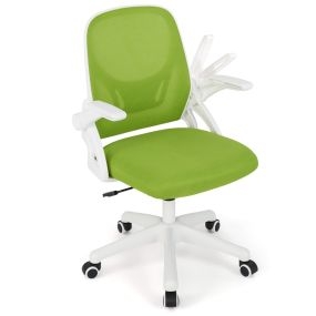 Silla de oficina ergonómica verde con soporte lumbar, reposabrazos abatibles y altura ajustable