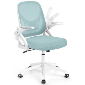 Silla de oficina ergonómica azul con soporte lumbar, reposabrazos abatibles, ruedas y altura ajustable